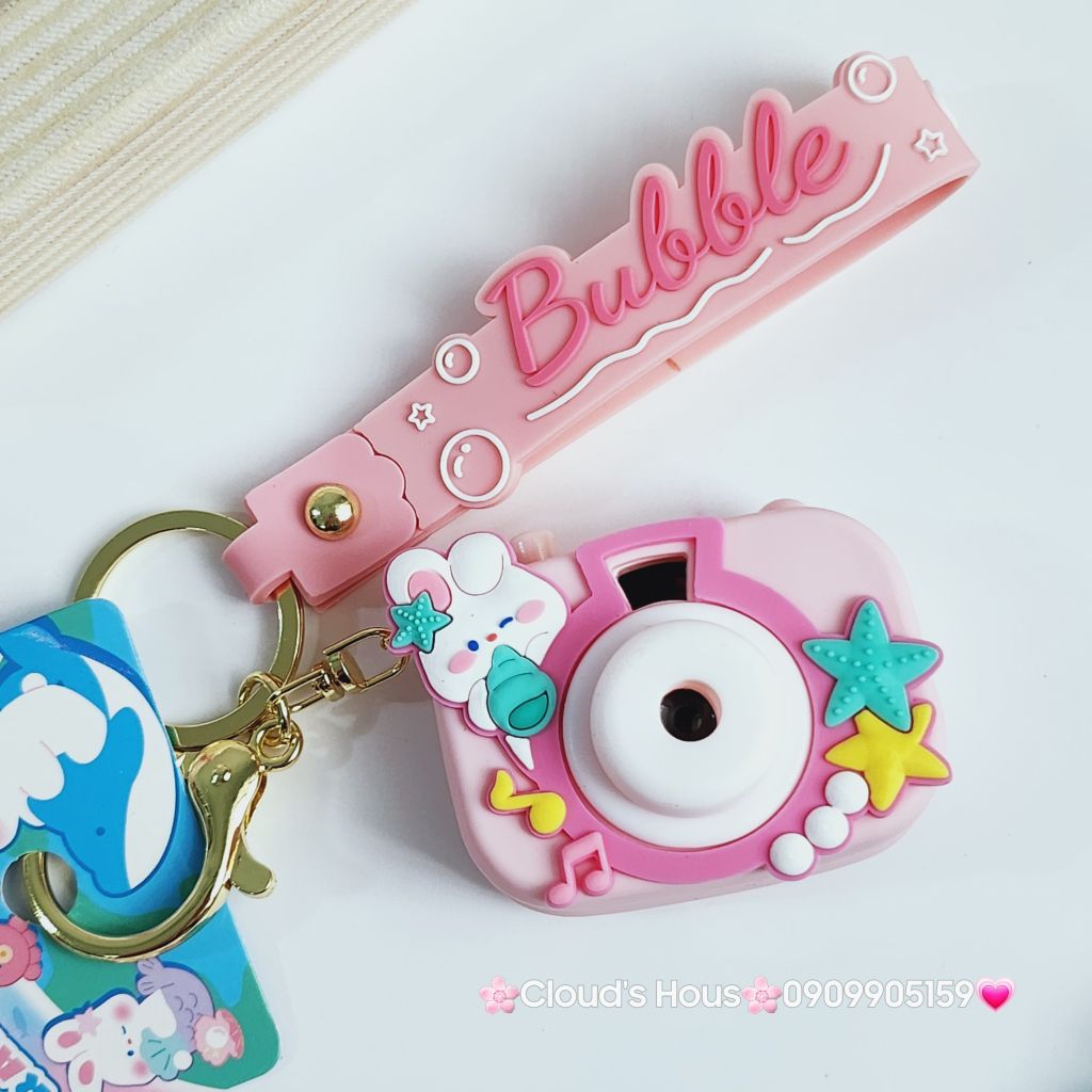 Móc Khóa Máy Ảnh Thỏ Trắng Bubble Có đèn