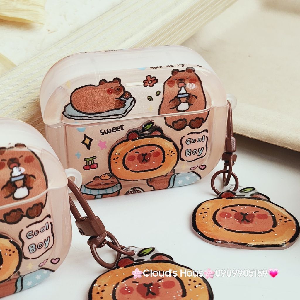 Cover Case Vỏ bảo vệ Airpod Chuột Capybara 3D Nổi Bóng kèm charm Airpod 1/2/3/Pro/Pro2