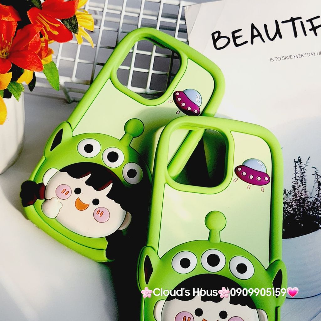 Case Ốp điện thoại iPhone Su dẻo Bé Gái Hai Chùm Alien Xanh lá iPhone 11/12/13/14/15/Pro/Promax
