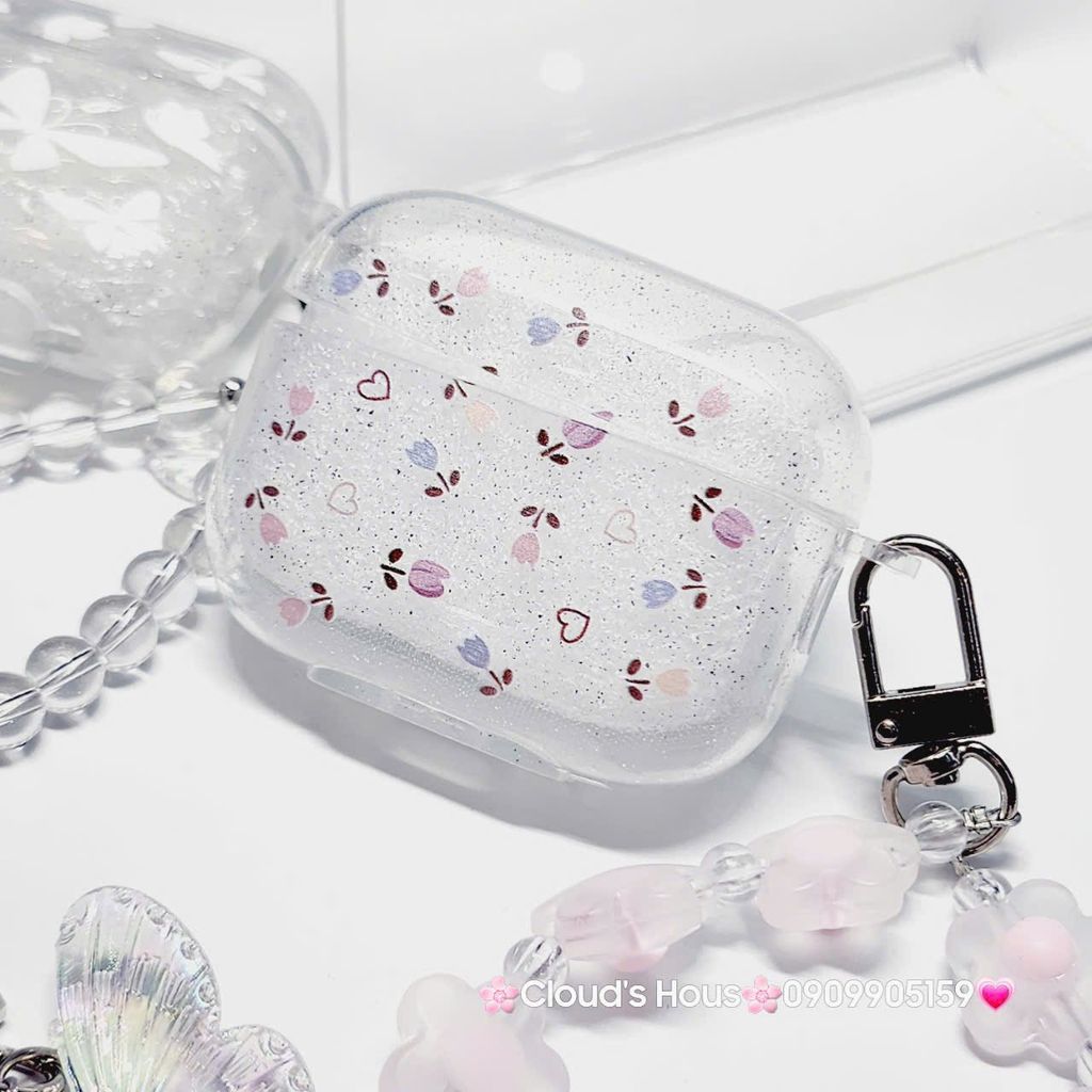 Cover Case Vỏ bảo vệ Airpod Trong Bling Bling Bướm & Hoa Nhí kèm móc khóa Airpod 1/2/3/Pro/Pro2