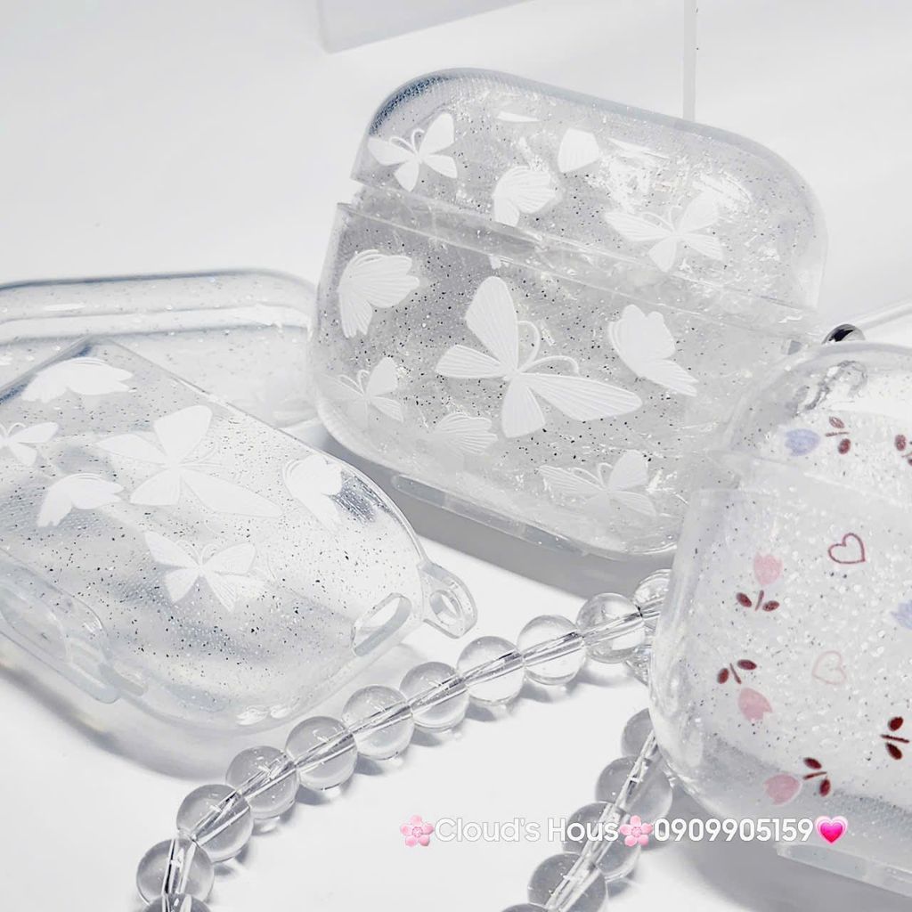 Cover Case Vỏ bảo vệ Airpod Trong Bling Bling Bướm & Hoa Nhí kèm móc khóa Airpod 1/2/3/Pro/Pro2