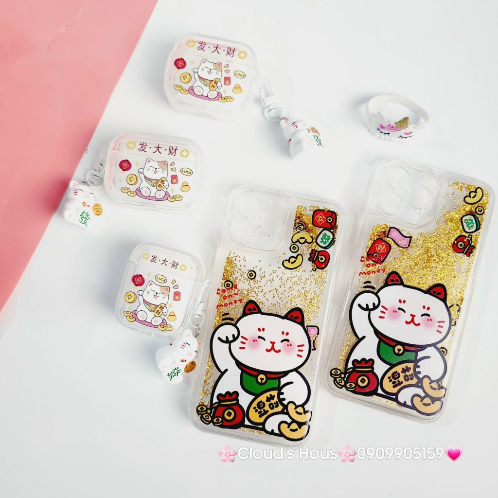 Case Ốp điện thoại iPhone Mèo May Mắn Nước Bling Bling iPhone 11/12/13/14/15/Pro/Promax - TẾT