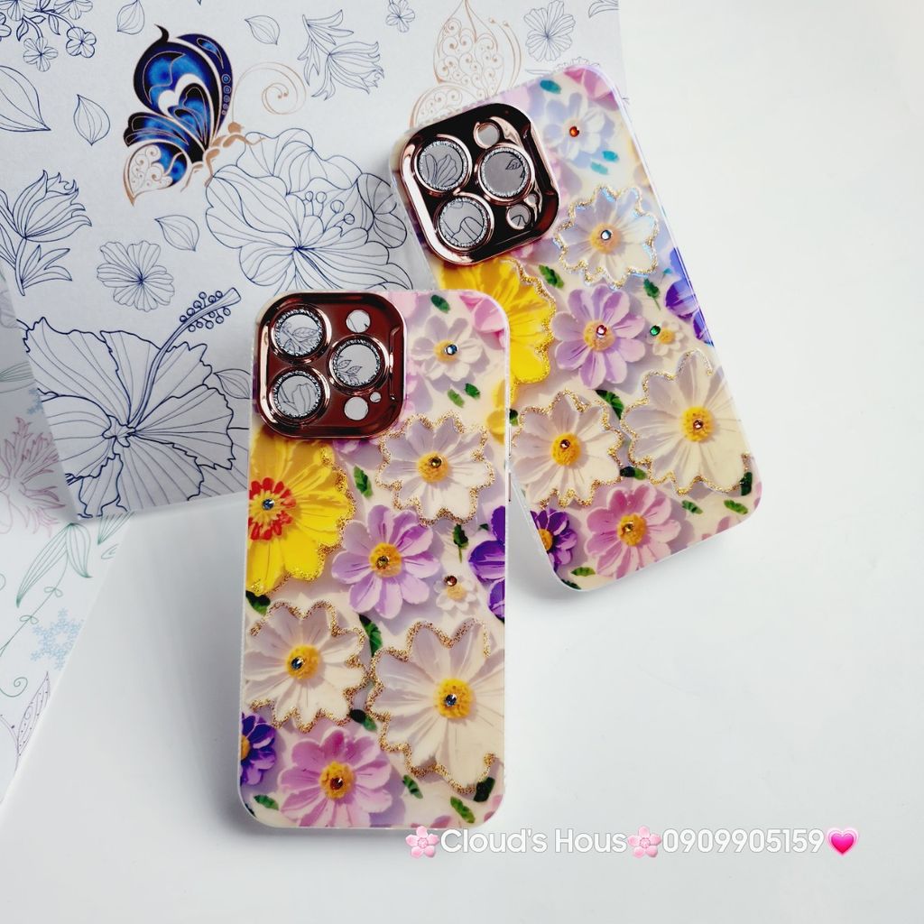 Case Ốp điện thoại iPhone Hoa Hologram nền trắng hoa ngũ sắc viền nhám bảo vệ cụm camera đính đá iPhone 11/12/13/14/15/Pro/Promax