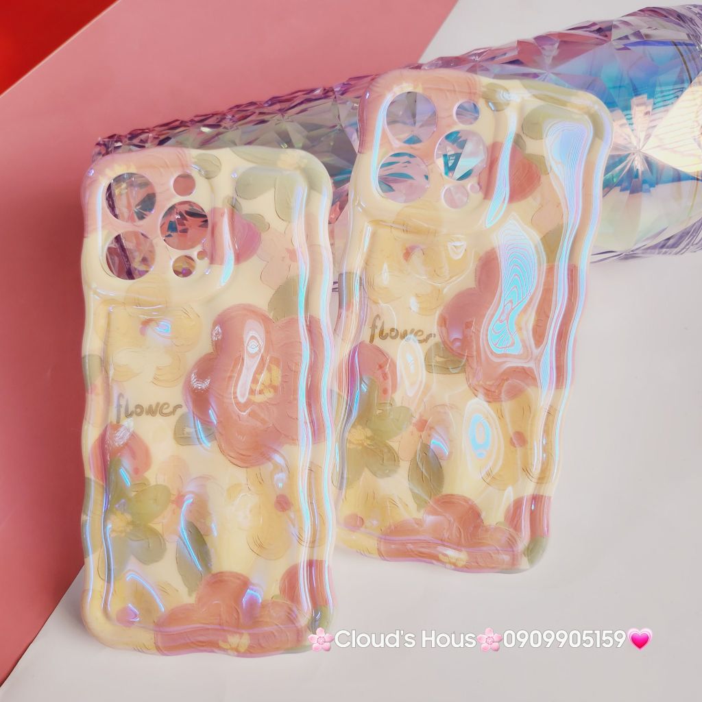 Case Ốp điện thoại iPhone HOA Hologram nền vàng Nổi Viền Gợn Sóng iPhone 12/13/14/15/Pro/Promax
