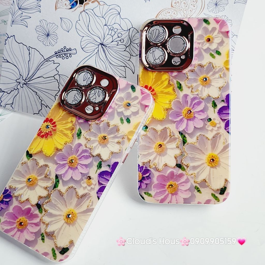Case Ốp điện thoại iPhone Hoa Hologram nền trắng hoa ngũ sắc viền nhám bảo vệ cụm camera đính đá iPhone 11/12/13/14/15/Pro/Promax
