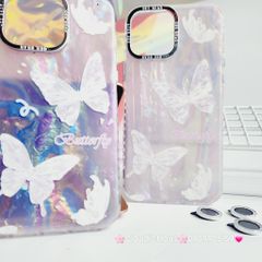 Case Ốp điện thoại iPhone Bướm Trắng Butterfly Ánh Xà Cừ Nền Hồng kèm bảo vệ camera đính đá iPhone 11/12/13/14/15/Pro/Promax