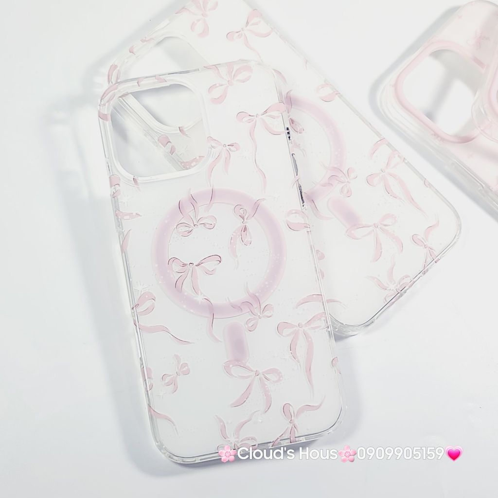 Case Ốp điện thoại iPhone Magsafe Nền Trắng Nơ Hồng PopSocket iPhone 12/13/14/15/16/Pro/Promax