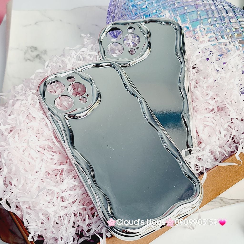 Case Ốp điện thoại iPhone Gương ánh bạc viền gợn sóng iPhone X/XSM/11/12/13/14/15/Pro/Promax