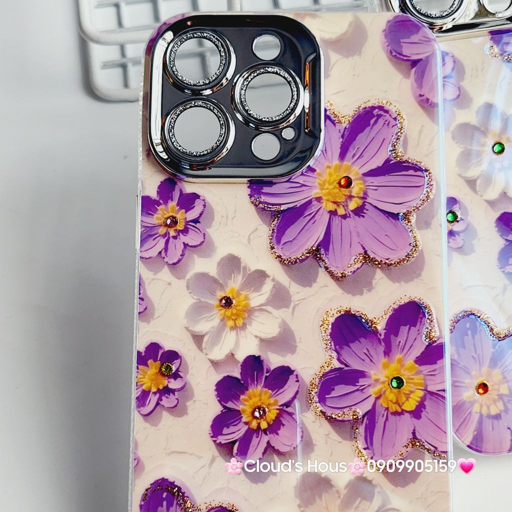 Case Ốp điện thoại iPhone Hoa Hologram Tím - Trắng Nền Trắng Đính đá Camera iPhone 11/12/13/14/15/pro/Promax