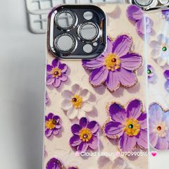 Case Ốp điện thoại iPhone Hoa Hologram Tím - Trắng Nền Trắng Đính đá Camera iPhone 11/12/13/14/15/pro/Promax
