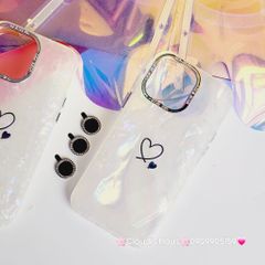 Case Ốp điện thoại iPhone Trái Tim Nền Trắng Ánh Xà Cừ kèm bảo vệ camera đính đá iPhone 11/12/13/14/15/Pro/Promax