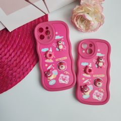 Case Ốp điện thoại iPhone Gấu dâu Lotso Nhám da Viền gợn sóng icon nổi iPhone 11/12/13/14/Pro/Promax