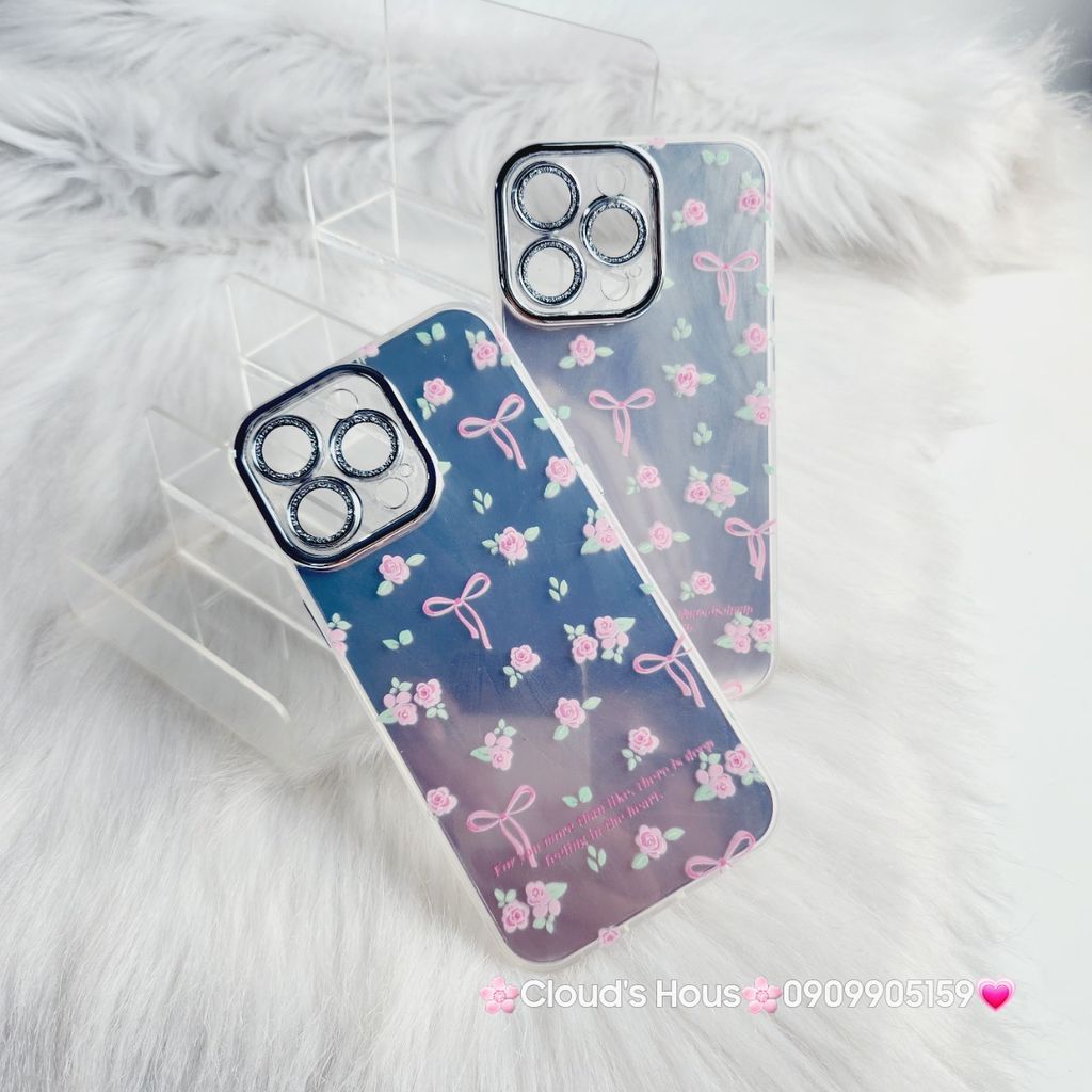 Case Ốp điện thoại iPhone Gương Nơ Hoa Camera đính đá kèm bảo vệ camera hologram iPhone 11/12/13/14/15/Pro/Promax