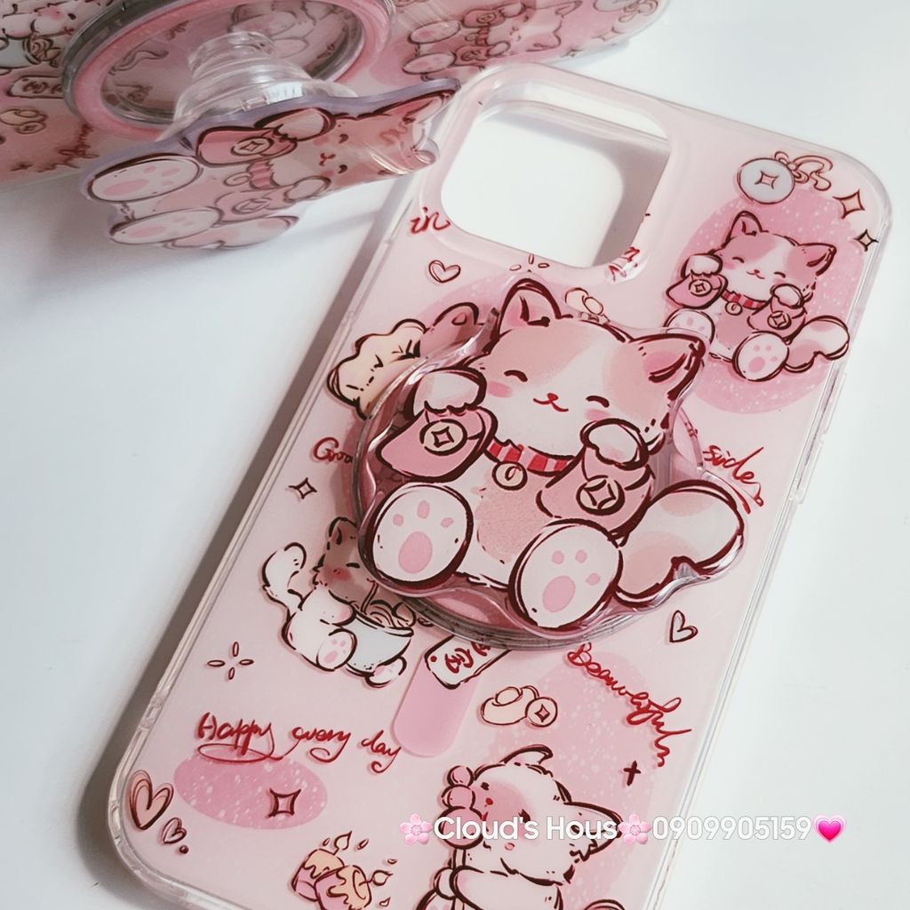 Case Ốp điện thoại iPhone Mèo Hồng May Mắn Kèm Popsocket Magsafe Nam Châm iPhone 11/12/13/14/15/Pro/Promax