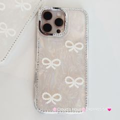 Case Ốp điện thoại iPhone Nơ Trắng Trong Ánh Xà Cừ Đính Đá Case iPhone 12/13/14/15/16/Pro/Promax