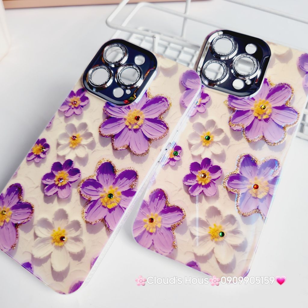 Case Ốp điện thoại iPhone Hoa Hologram Tím - Trắng Nền Trắng Đính đá Camera iPhone 11/12/13/14/15/pro/Promax