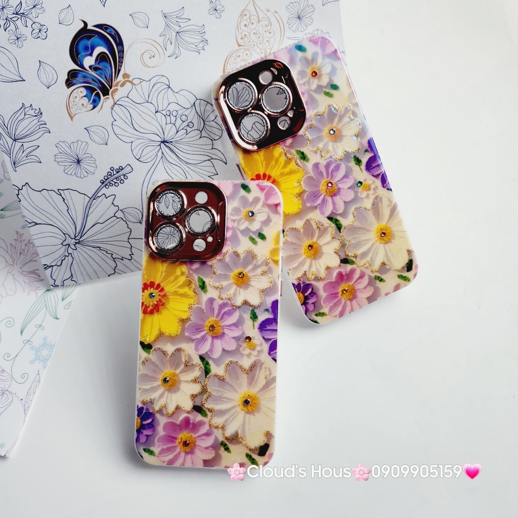 Case Ốp điện thoại iPhone Hoa Hologram nền trắng hoa ngũ sắc viền nhám bảo vệ cụm camera đính đá iPhone 11/12/13/14/15/Pro/Promax
