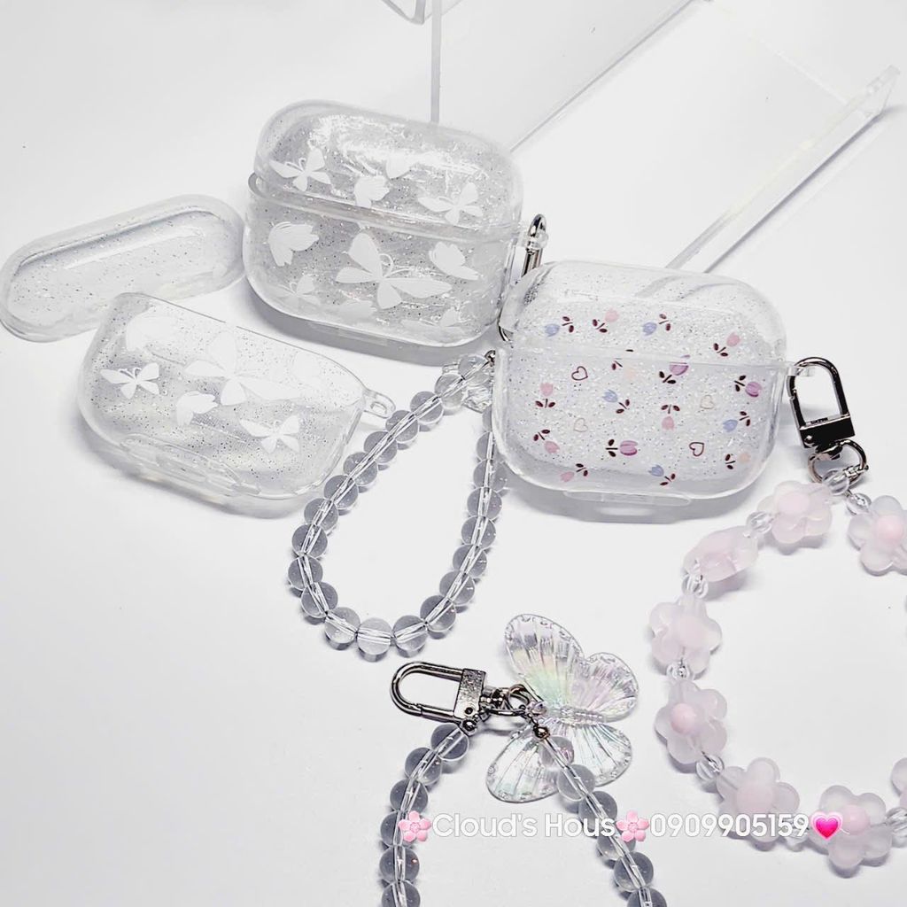 Cover Case Vỏ bảo vệ Airpod Trong Bling Bling Bướm & Hoa Nhí kèm móc khóa Airpod 1/2/3/Pro/Pro2