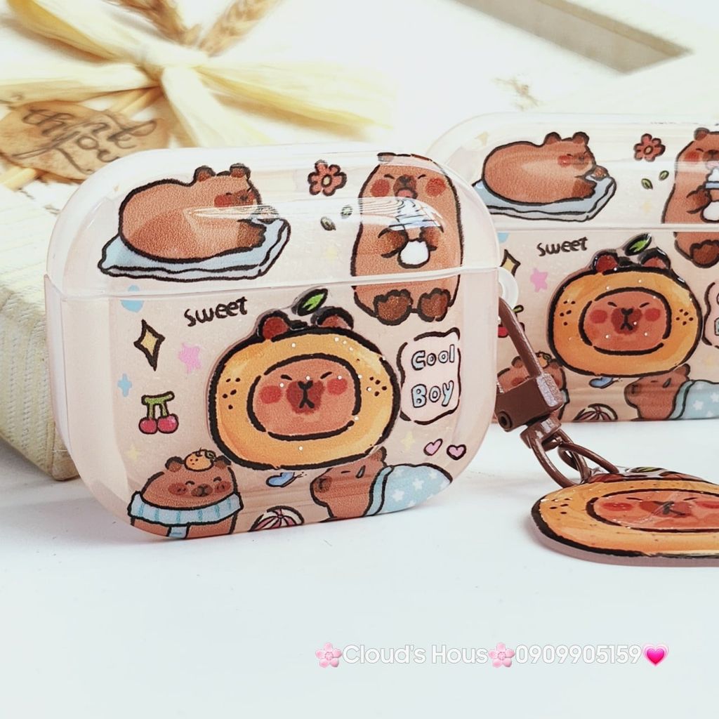 Cover Case Vỏ bảo vệ Airpod Chuột Capybara 3D Nổi Bóng kèm charm Airpod 1/2/3/Pro/Pro2