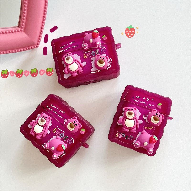Cover Case Vỏ bảo vệ Airpod Gấu dâu Lotso Gợn sóng icon nổi