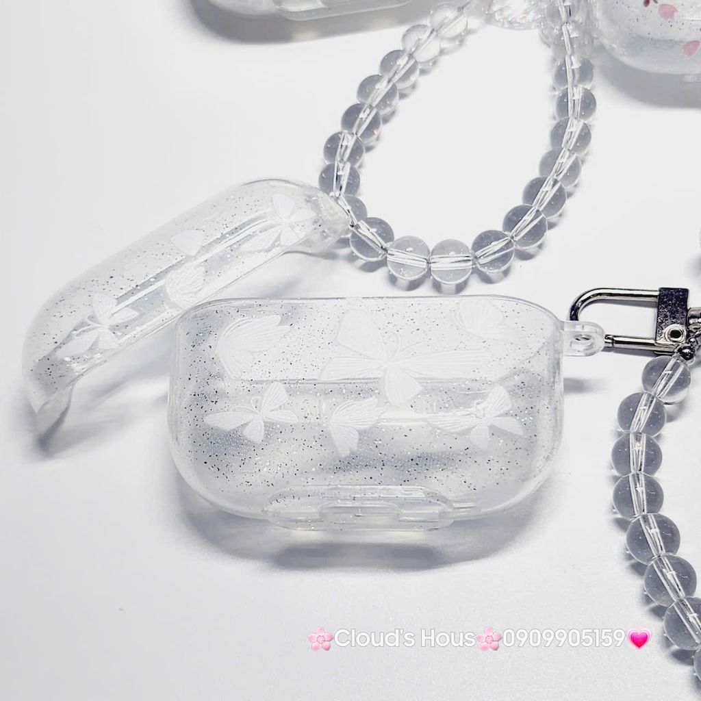 Cover Case Vỏ bảo vệ Airpod Trong Bling Bling Bướm & Hoa Nhí kèm móc khóa Airpod 1/2/3/Pro/Pro2