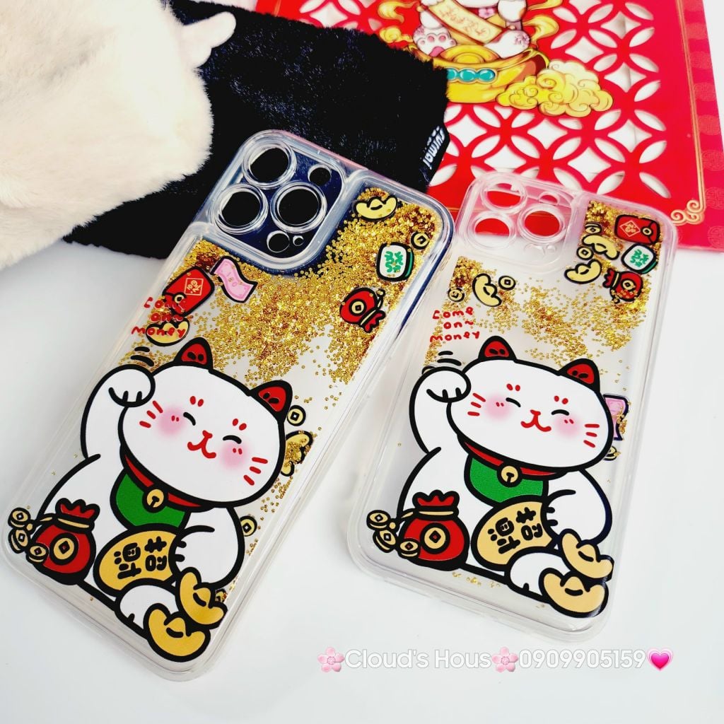 Case Ốp điện thoại iPhone Mèo May Mắn Nước Bling Bling iPhone 11/12/13/14/15/Pro/Promax - TẾT