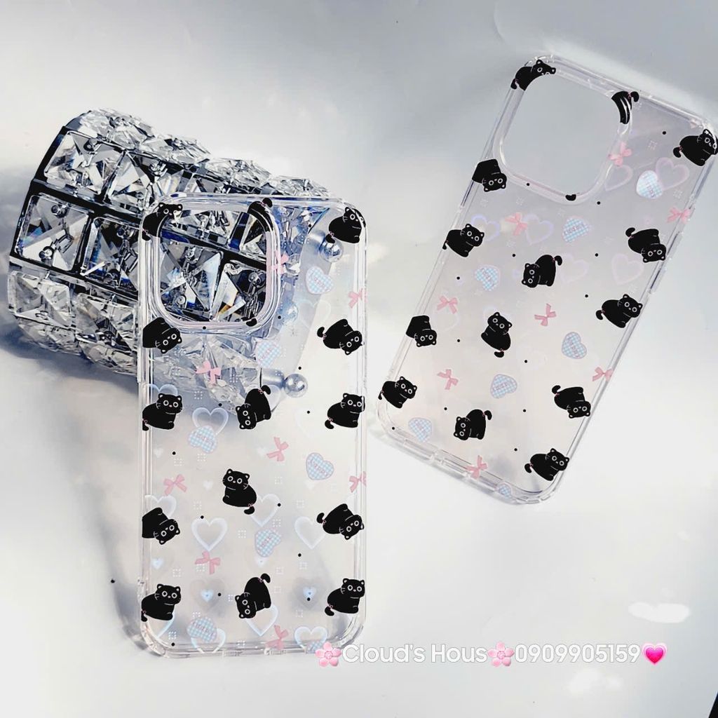 Case Ốp điện thoại iPhone Trong Mèo Đen Nền Tim Hologram iPhone 12/13/14/15/Pro/Promax