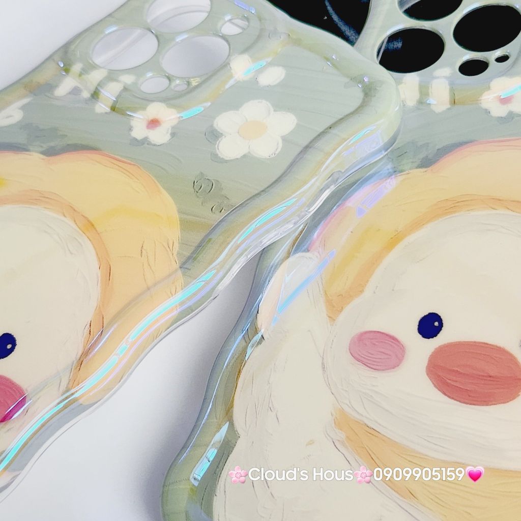Case Ốp điện thoại iPhone Vịt Cute Đeo Yếm Hologram Viền Gợn Sóng iPhone 11/12/13/14/15/Pro/Promax