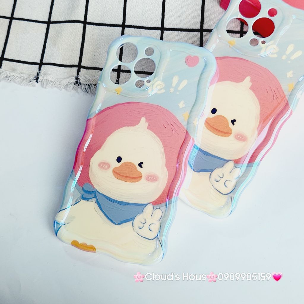 Case Ốp điện thoại iPhone Vịt Cute Đeo Yếm Hologram Viền Gợn Sóng iPhone 11/12/13/14/15/Pro/Promax