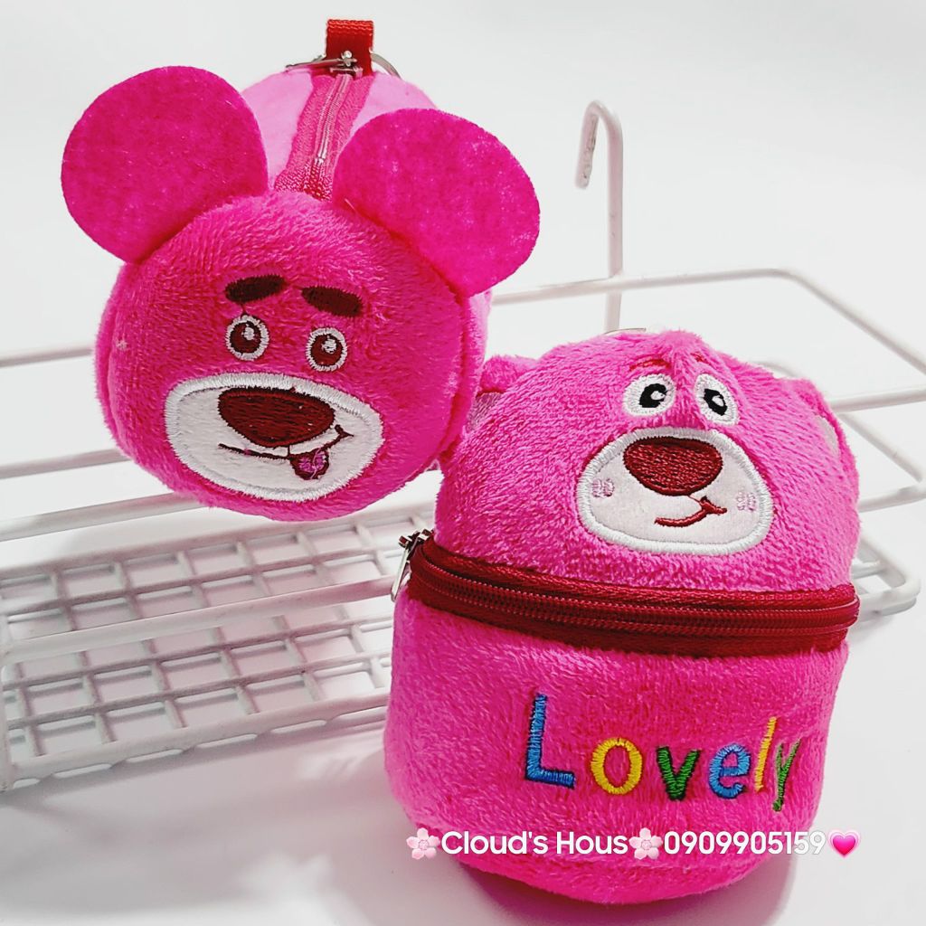 Bóp móc khoá Gấu dâu Lotso Vải bông nhung ( Tặng Kèm Tai Nghe)