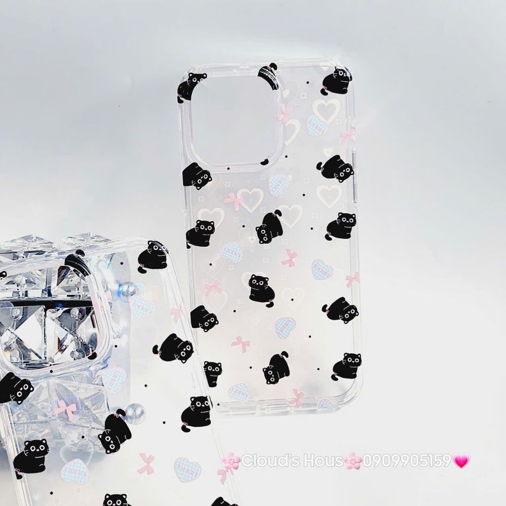Case Ốp điện thoại iPhone Trong Mèo Đen Nền Tim Hologram iPhone 12/13/14/15/Pro/Promax