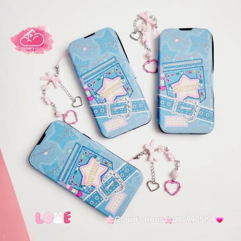 Case Ốp điện thoại iPhone Bao Da Jeans Sweet Kèm Charm iPhone 11/12/13/14/15/Pro/Promax