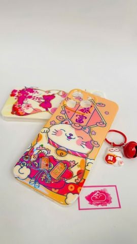 Case Ốp điện thoại iPhone Mèo may mắn nền Cam Hologram Ánh Xà Cừ iPhone 11/12/13/14/15/Pro/Promax - TẾT