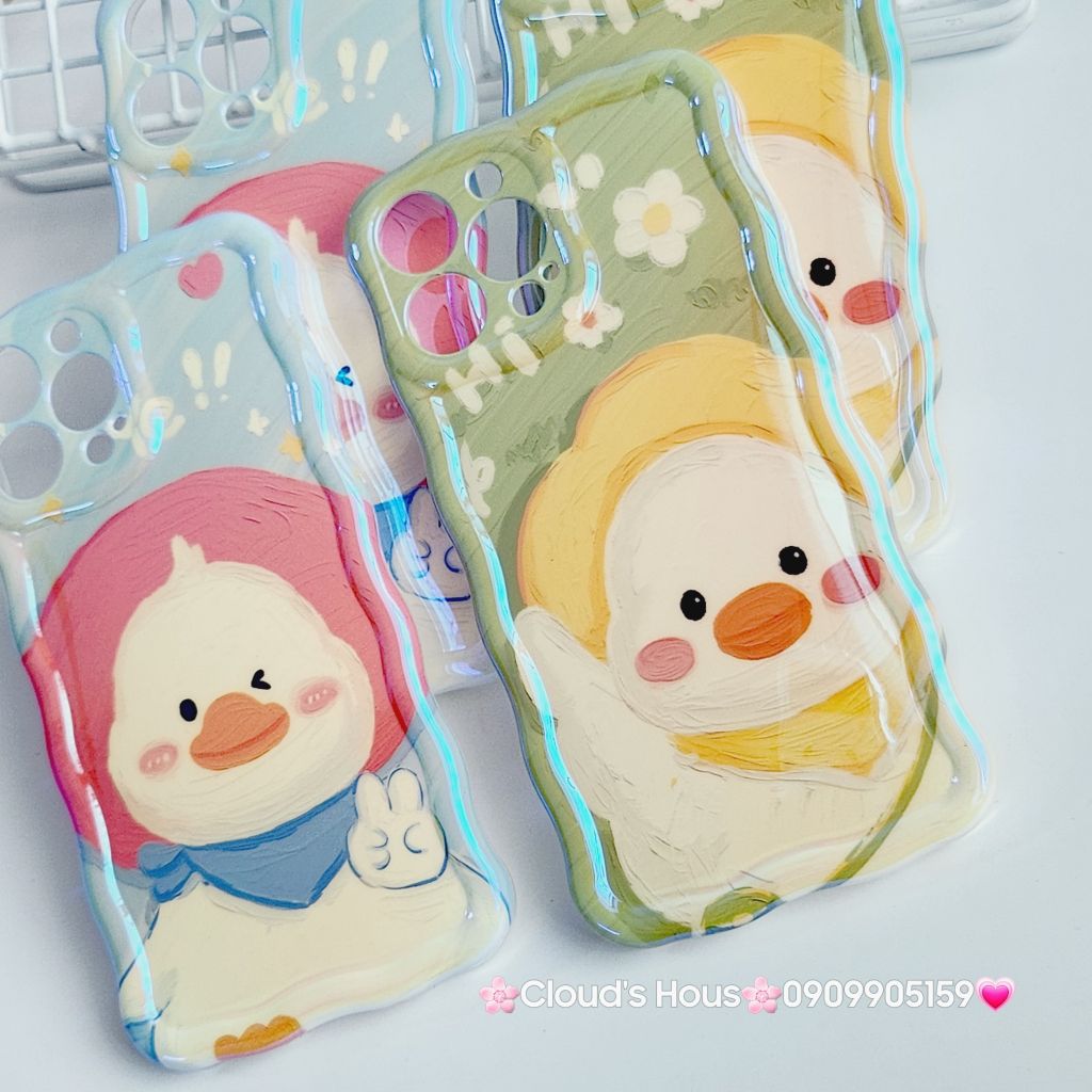 Case Ốp điện thoại iPhone Vịt Cute Đeo Yếm Hologram Viền Gợn Sóng iPhone 11/12/13/14/15/Pro/Promax
