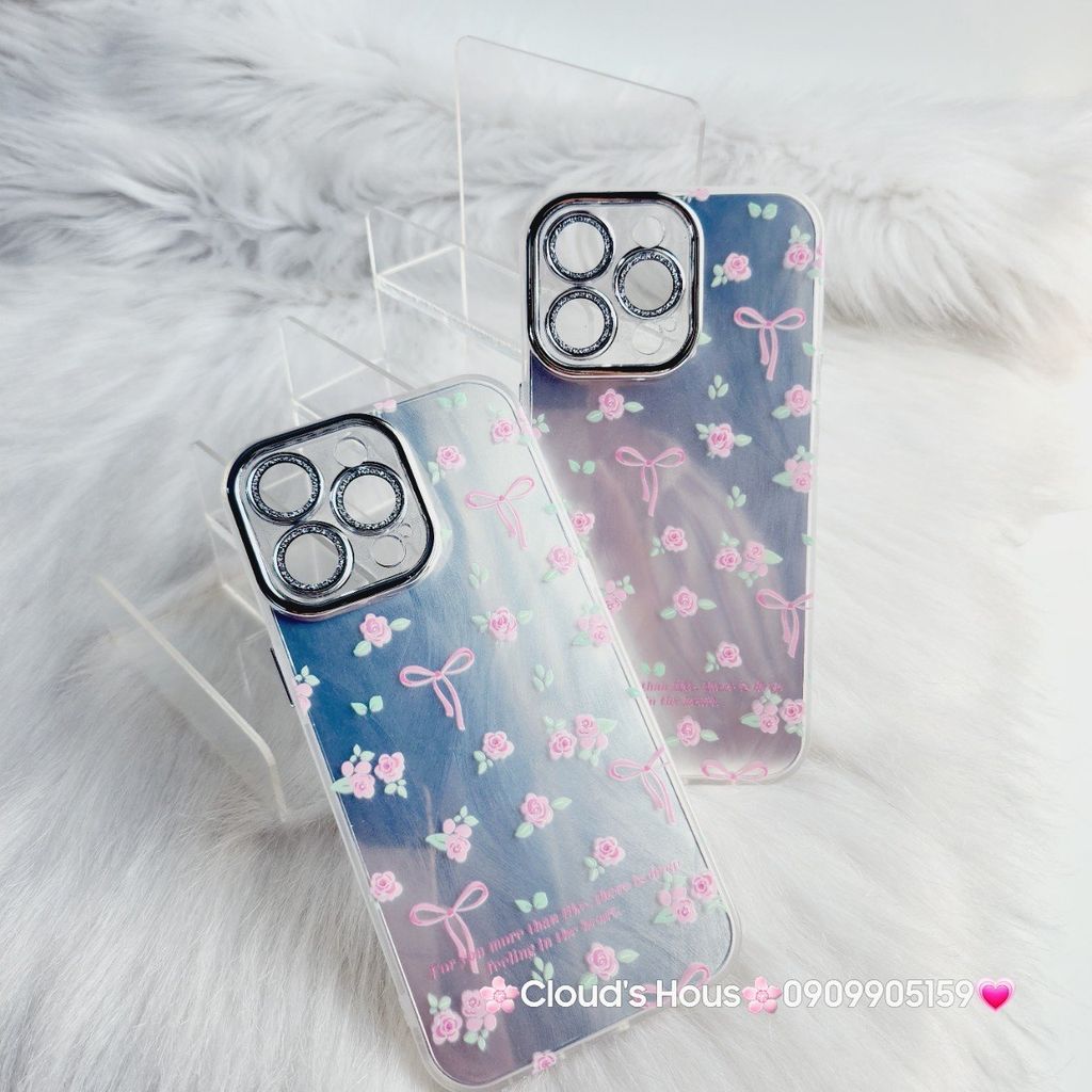 Case Ốp điện thoại iPhone Gương Nơ Hoa Camera đính đá kèm bảo vệ camera hologram iPhone 11/12/13/14/15/Pro/Promax