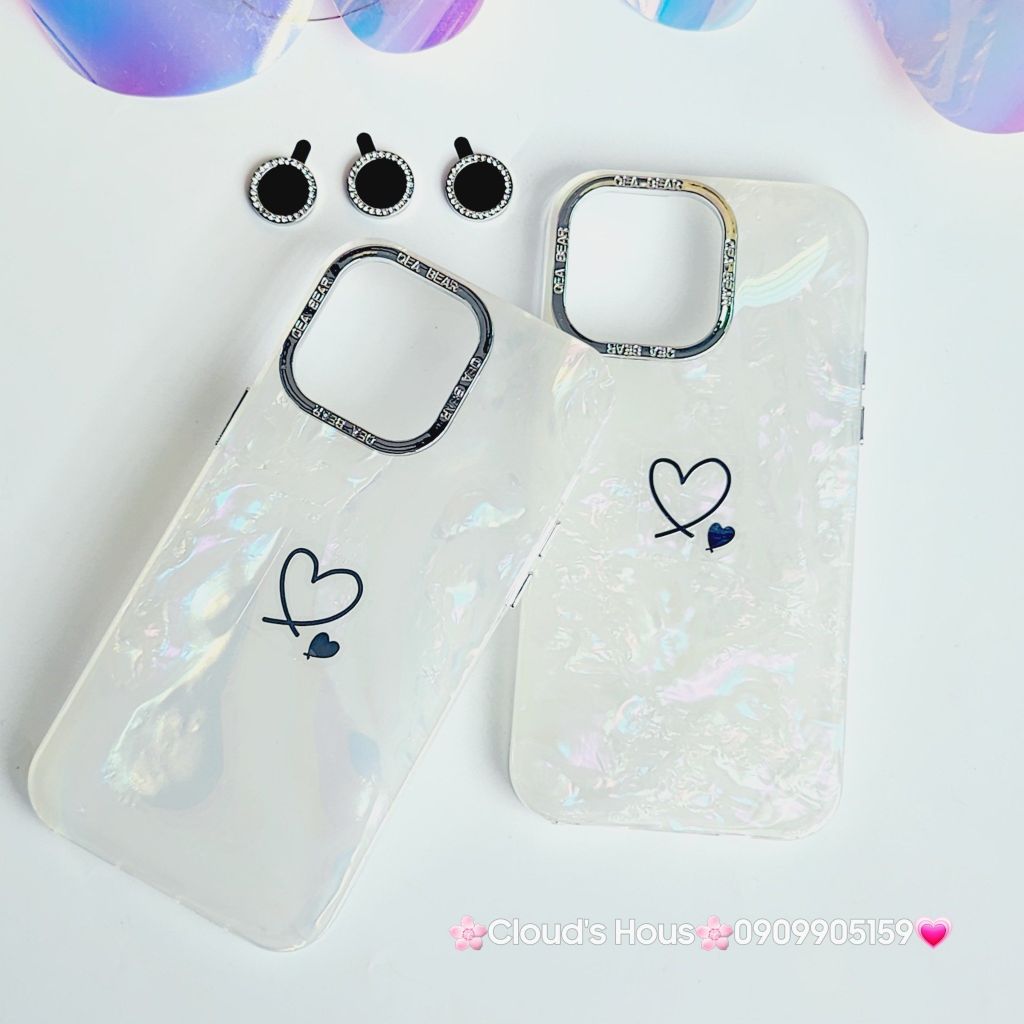 Case Ốp điện thoại iPhone Trái Tim Nền Trắng Ánh Xà Cừ kèm bảo vệ camera đính đá iPhone 11/12/13/14/15/Pro/Promax