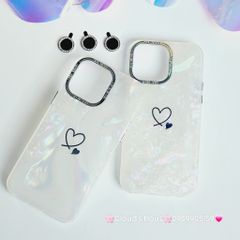 Case Ốp điện thoại iPhone Trái Tim Nền Trắng Ánh Xà Cừ kèm bảo vệ camera đính đá iPhone 11/12/13/14/15/Pro/Promax