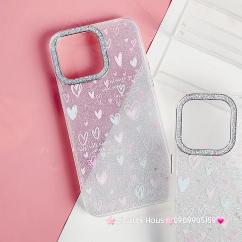 Case Ốp điện thoại iPhone Trái Tim nền Trong Bling Bling kèm Cường lực Camera lấp lánh iPhone 11/12/13/14/15/Pro/Promax