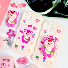 Case Ốp điện thoại iPhone Gấu dâu Lotso Chất phao Viền gợn sóng Kèm popsoket iPhone 11/12/13/14/Plus/Pro/Promax