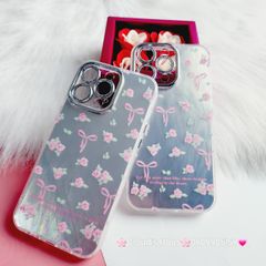 Case Ốp điện thoại iPhone Gương Nơ Hoa Camera đính đá kèm bảo vệ camera hologram iPhone 11/12/13/14/15/Pro/Promax
