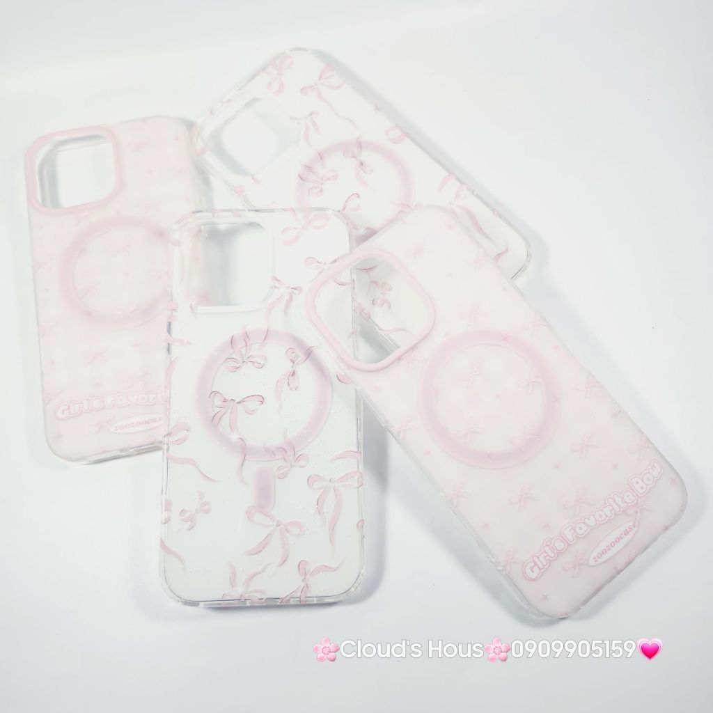 Case Ốp điện thoại iPhone Magsafe Nền Trắng Nơ Hồng PopSocket iPhone 12/13/14/15/16/Pro/Promax