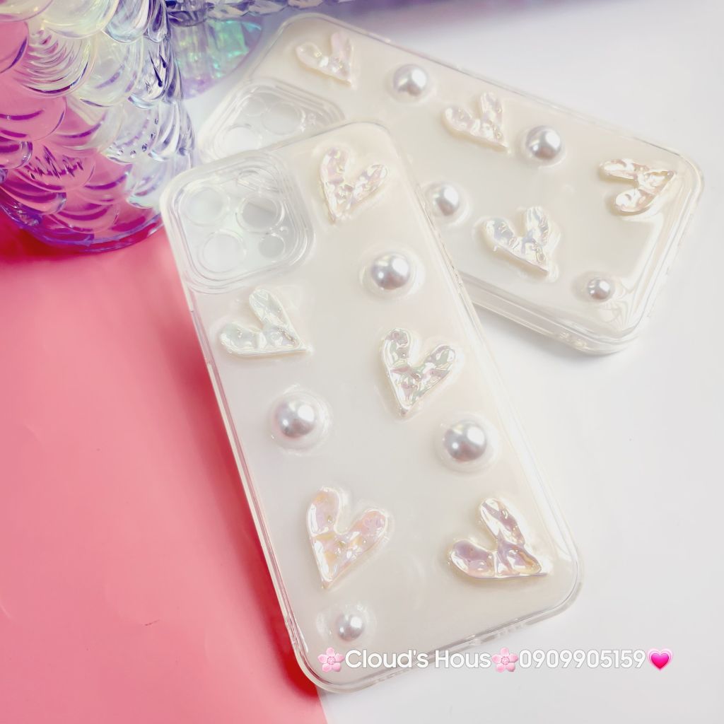 Case Ốp điện thoại iPhone Bling Bling icon Trái Tim ngọc trai nổi iPhone 11/12/13/14/Pro/Promax