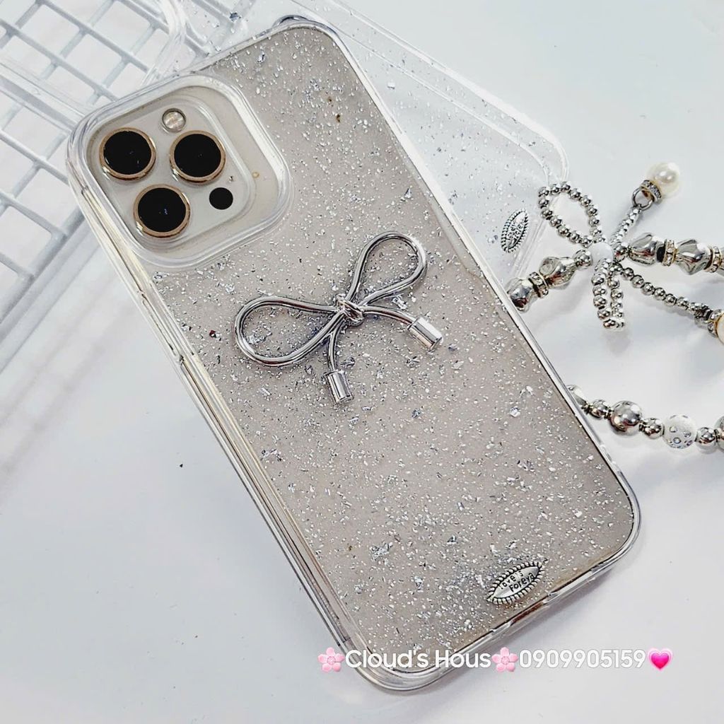 Case Ốp điện thoại iPhone Nơ Bạc Trong Bling Bling iPhone 12/13/14/15/Plus/Pro/Promax