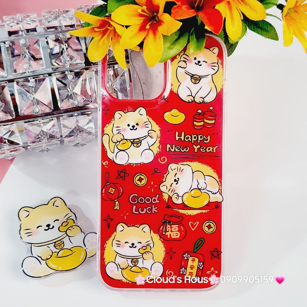 Case Ốp điện thoại iPhone Mèo May Mắn Good Luck Tết Kèm Popsocket Nam Châm iPhone 11/12/13/14/15/Pro/Promax