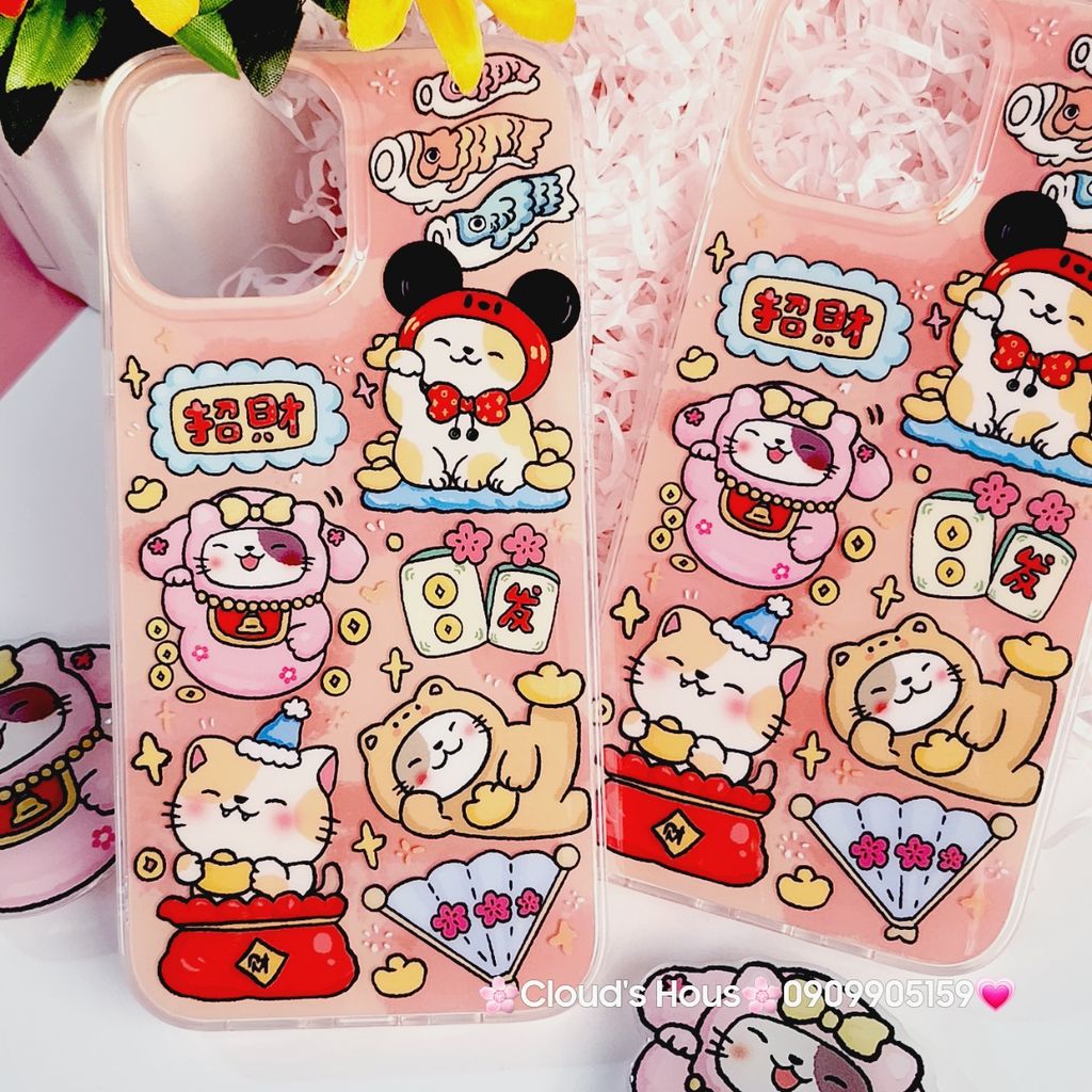 Case Ốp điện thoại iPhone Mèo May Mắn Thần Tài Túi Tiền Kèm Popsocket dán iPhone 11/12/13/14/15/Pro/Promax