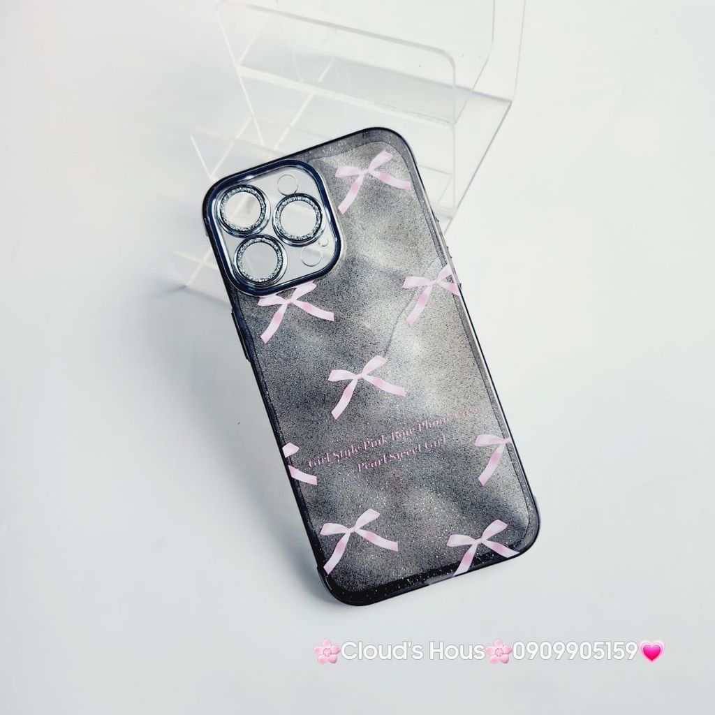 Case Ốp điện thoại iPhone Nơ Hồng nền Đen Bling Bling Cường lực Camera Đính đá iPhone 11/12/13/14/15/Pro/Promax