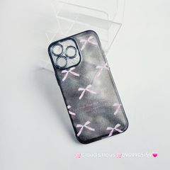 Case Ốp điện thoại iPhone Nơ Hồng nền Đen Bling Bling Cường lực Camera Đính đá iPhone 11/12/13/14/15/Pro/Promax