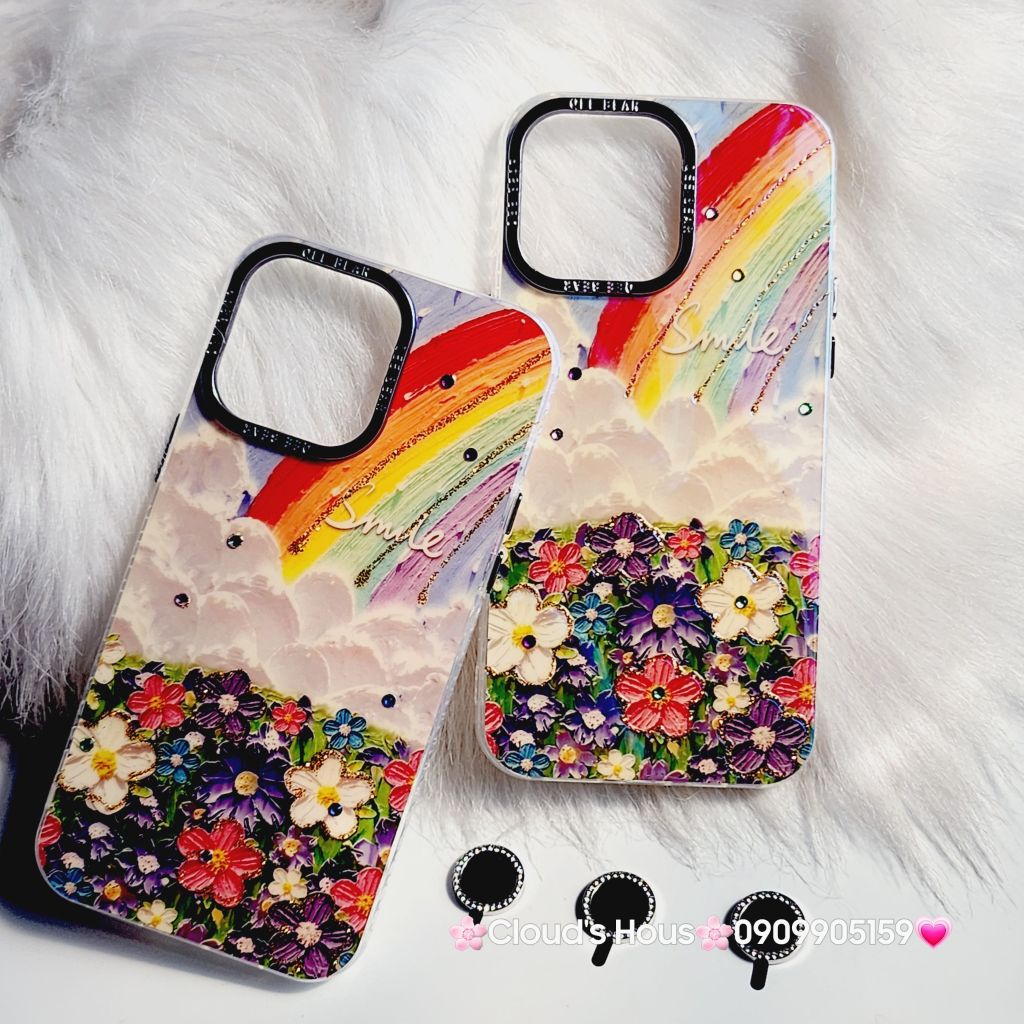 Case Ốp điện thoại iPhone Vườn hoa Cầu vồng Hologram Smile Kèm bảo vệ camera iPhone 11/12/13/14/15/Pro/Plus/Promax