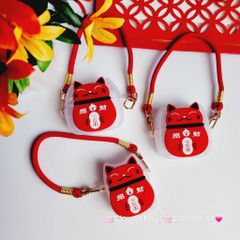 Cover Case Vỏ bảo vệ Airpod Mèo May Mắn Nhám Đỏ Có Dây Xách Airpod 1/2/3/Pro/Pro2 - TẾT