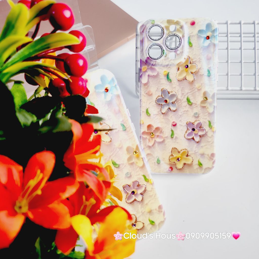 Case Ốp điện thoại iPhone Hoa Hologram nền vàng viền nhám bảo vệ cụm camera đính đá iPhone 11/12/13/14/15/Pro/Promax